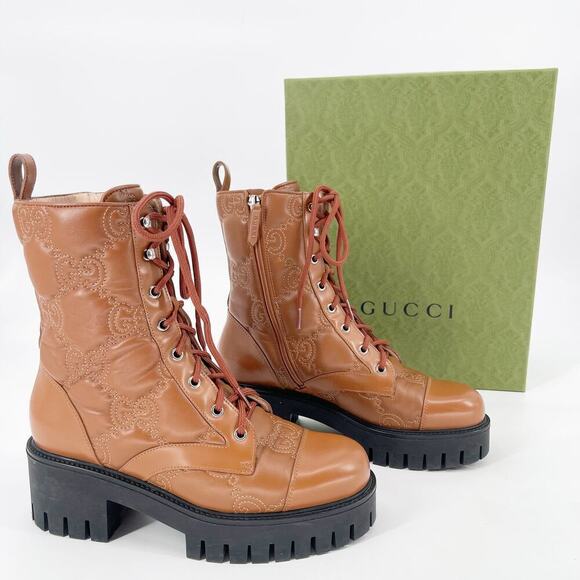 Gucci Cognac Brown Leather Quilted GG Logo Combat Moto Ankle Boot size EU 39.5 - Picture 1 of 15